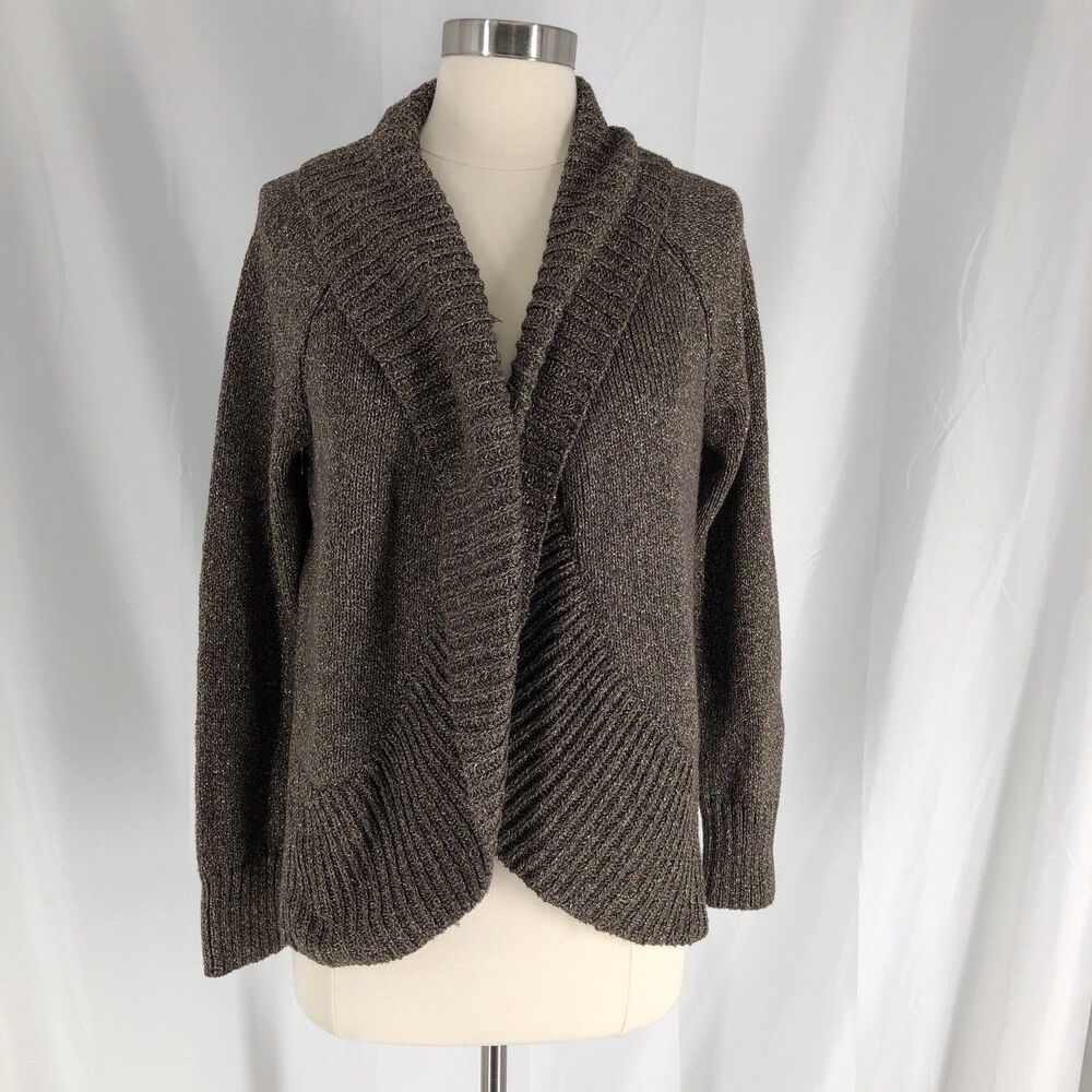 Chicos Open-Front Knit Sparkling Cardigan Sweater - Dark Brown Gold Size 2
